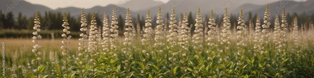 Row of tall buckwheat plants swaying in the breeze , agricultural land, golden sunlight, green fields Row of tall buckwheat plants swaying in the breeze , agricultural land, golden sunlight, green fields