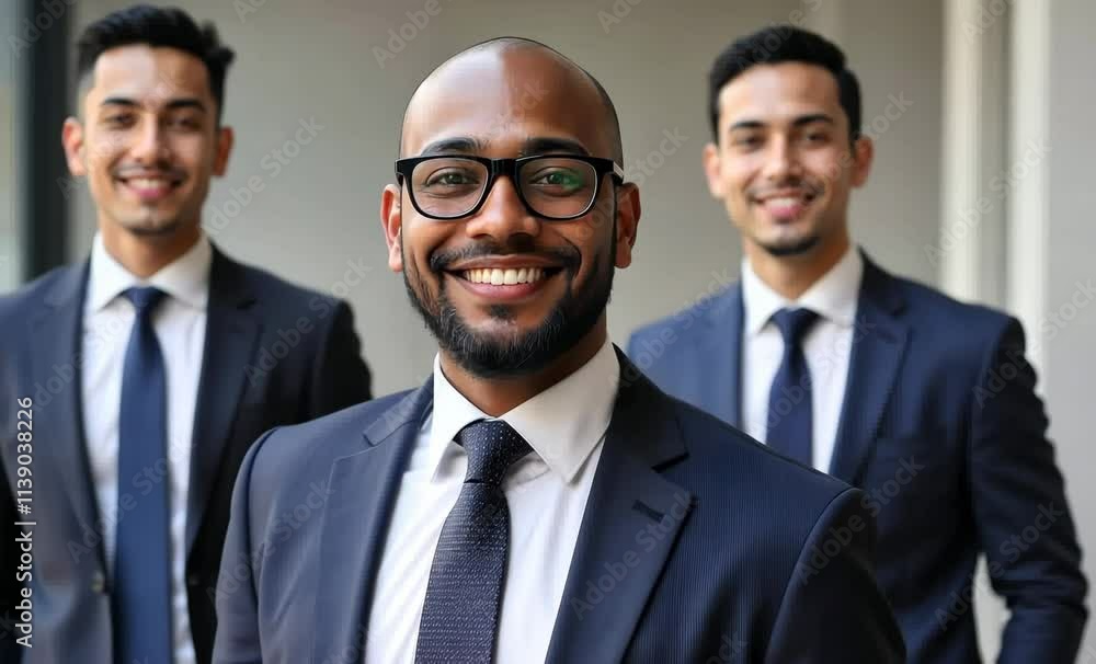 Professional Business Men in Suits Smiling Confidently Together in Office Setting, Perfect for Corporate Marketing or Team Building Materials Professional Business Men in Suits Smiling Confidently Together in Office Setting, Perfect for Corporate Marketing or Team Building Materials