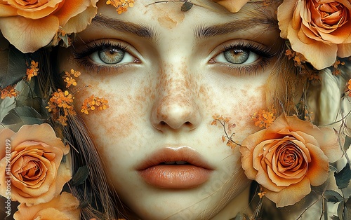 A closeup of a face with artistic expression, enhanced by orange roses and floral elements, showcasing skin and nature s beauty, vibrant colors, ultrarealistic, serene composition photo