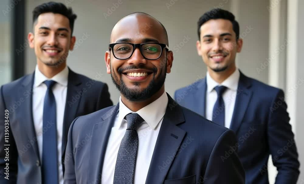 Professional Business Men in Suits Smiling Confidently Together in Office Setting, Perfect for Corporate Marketing or Team Building Materials Professional Business Men in Suits Smiling Confidently Together in Office Setting, Perfect for Corporate Marketing or Team Building Materials