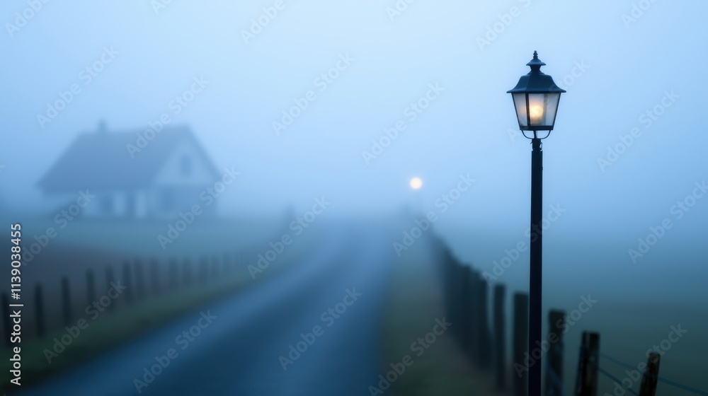 Serene Foggy Landscape with Lantern and House in Distance Serene Foggy Landscape with Lantern and House in Distance