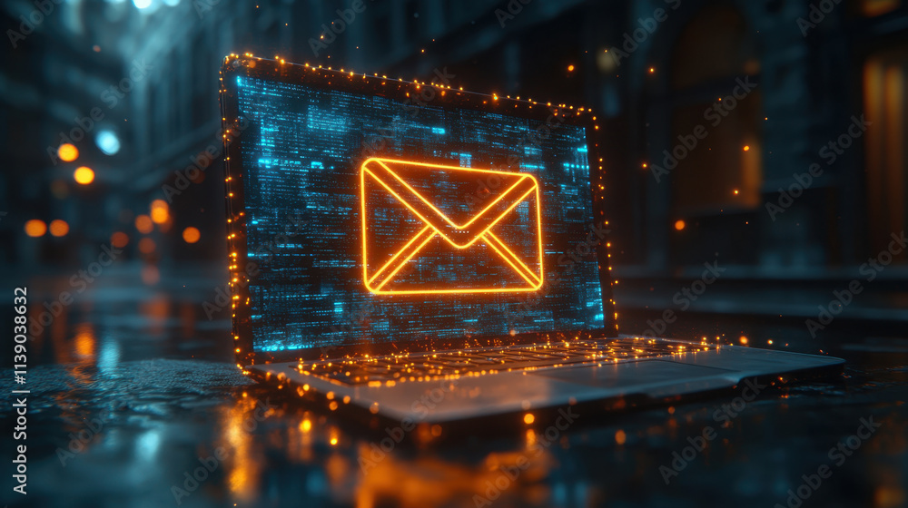 Fototapeta premium glowing mail icon emerges from laptop, surrounded by sparkling particles, creating captivating digital scene. atmosphere is vibrant and modern, evoking sense of connectivity and communication