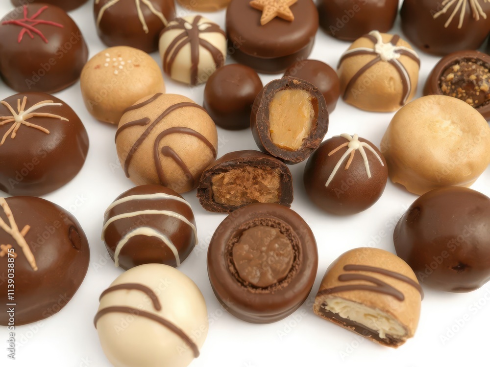 Assortment of gourmet chocolate pralines, various shapes and fillings, background,chocolate, milk chocolate Assortment of gourmet chocolate pralines, various shapes and fillings, background,chocolate, milk chocolate