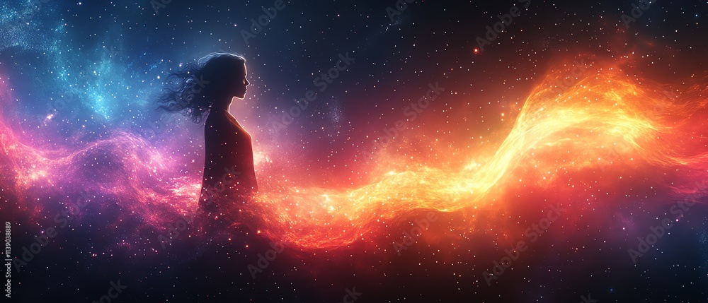A creative silhouette with a burst of stars and flowing abstract light, representing the power of imagination, vibrant colors, highdefinition, inspirational concept A creative silhouette with a burst of stars and flowing abstract light, representing the power of imagination, vibrant colors, highdefinition, inspirational concept
