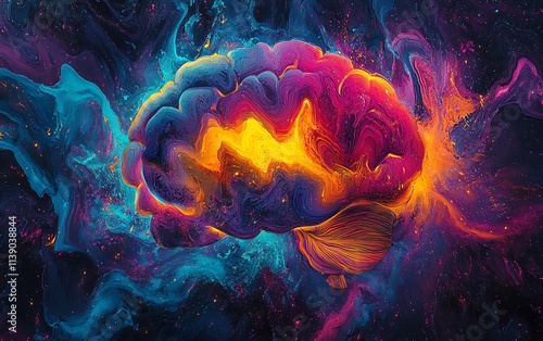 A colorful and surreal brain surrounded by an explosion of vibrant hues, symbolizing creative thoughts, emotions, and imagination, abstract art, vivid design, highresolution photo