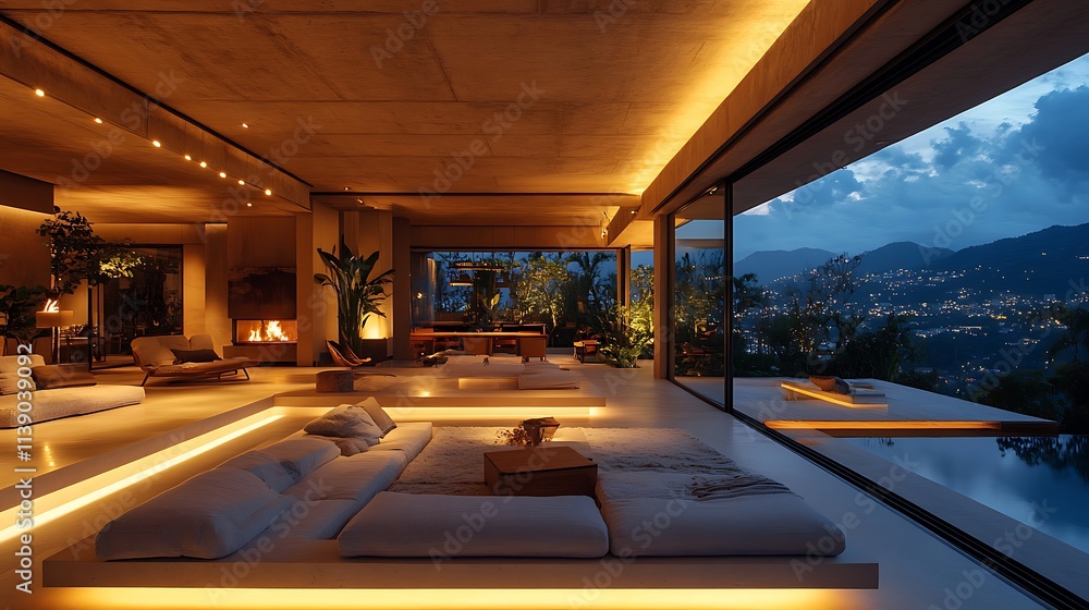 Living room with minimalist decor, dark walls, night lighting, uncluttered design Living room with minimalist decor, dark walls, night lighting, uncluttered design