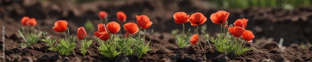 Naklejka premium Small poppy buds growing together in the ground, growth, field, spring