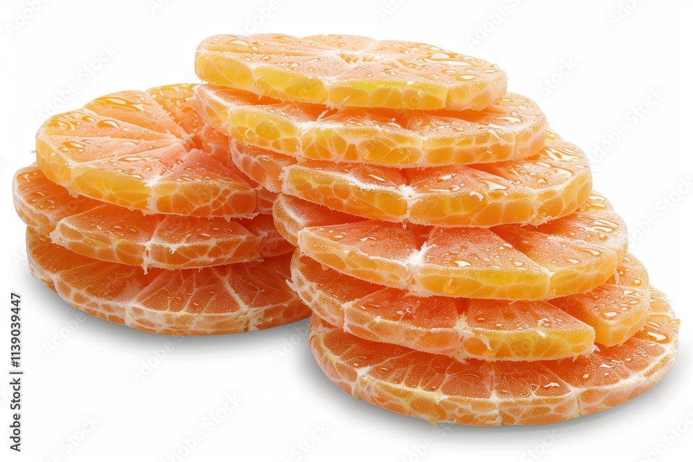 Bright Orange Slices Arranged in a Stack Isolated on a White Background Showcasing Fresh Fruit Closeup. Generative AI Bright Orange Slices Arranged in a Stack Isolated on a White Background Showcasing Fresh Fruit Closeup. Generative AI