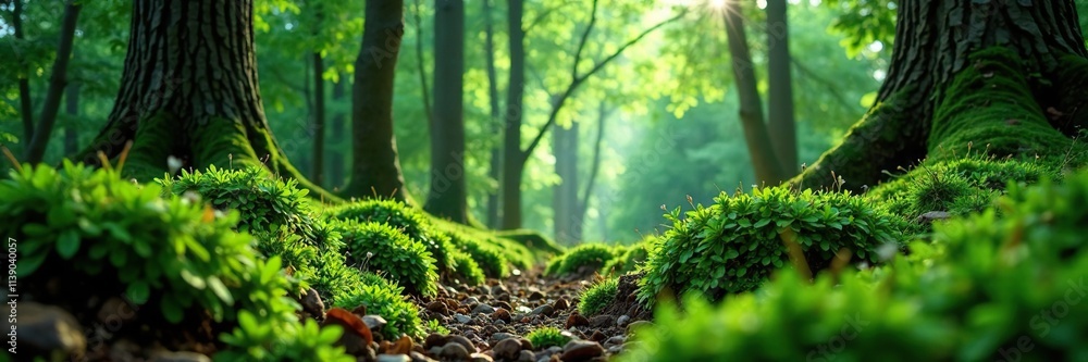 Fototapeta premium Soft green moss blankets the forest floor amidst towering trees, serene landscape, forest