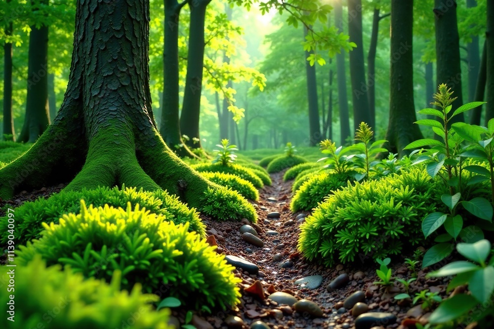 Fototapeta premium Soft green moss blankets the forest floor amidst towering trees, serene landscape, greenery