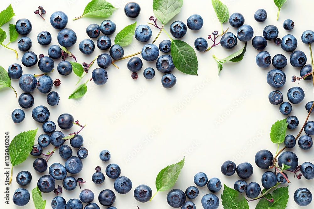 Fresh Blueberries Scattered on White Background With Green Leaves Surrounding. Generative AI