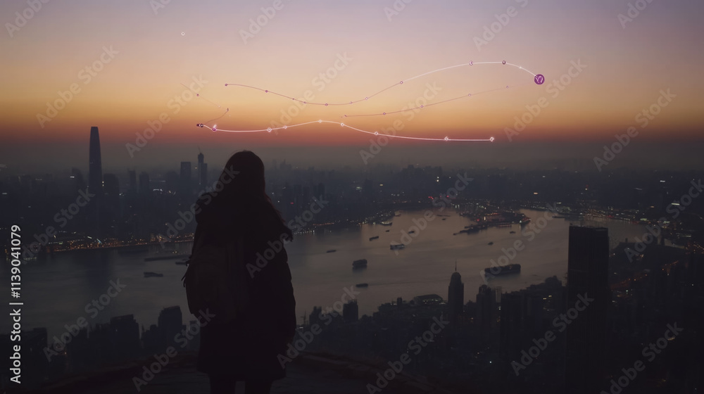 Fototapeta premium Abstract businesswoman stands on the peak of success Smart digital city with connection cyber security network reciprocity over the cityscape future wireless digital city and social media networking