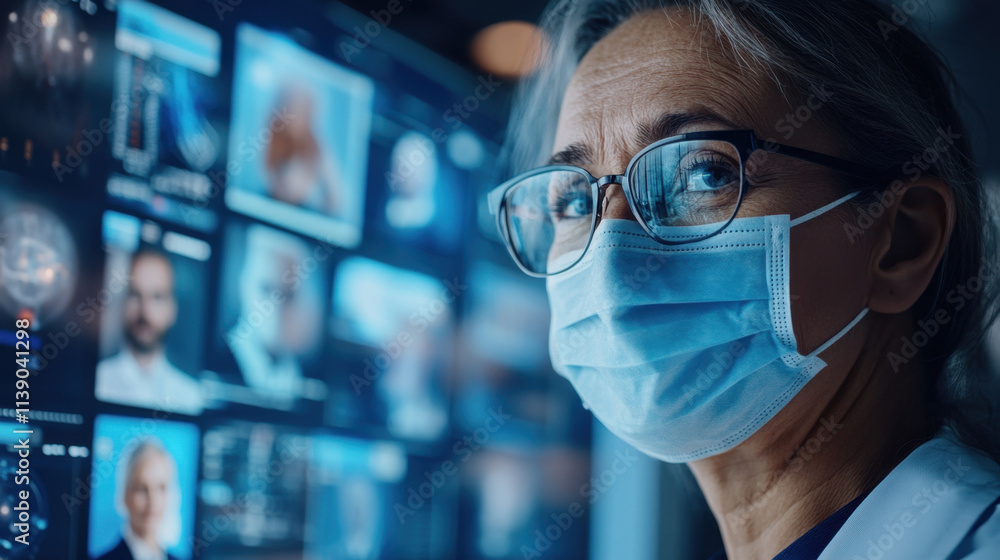 healthcare professional wearing mask looks at digital display with patient images, conveying sense of focus and dedication in medical environment healthcare professional wearing mask looks at digital display with patient images, conveying sense of focus and dedication in medical environment