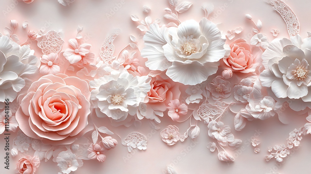 A lush arrangement of garden roses and peonies in soft pink and white tones, adorned with intricate lace-like petal details, set against a muted pastel background, hd quality, delicate and romantic, A lush arrangement of garden roses and peonies in soft pink and white tones, adorned with intricate lace-like petal details, set against a muted pastel background, hd quality, delicate and romantic,
