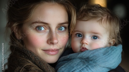 A close-up of a woman holding a baby, both with bright eyes and warm expressions.