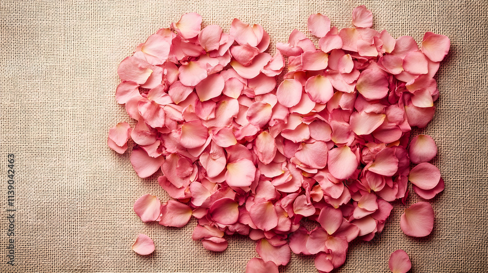 Obraz premium Heart-shaped flower petals scattered across a pale pink canvas background representing love and tenderness