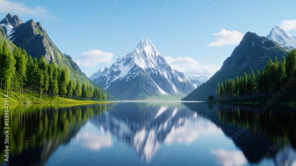 Serene mountain landscape with a reflective lake and lush greenery. Serene mountain landscape with a reflective lake and lush greenery.