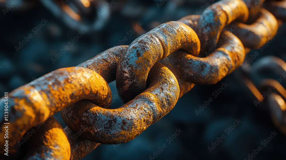 detailed view of interconnected chain links showcasing rust and texture, highlighting strength and durability of metal. warm tones add depth to industrial aesthetic detailed view of interconnected chain links showcasing rust and texture, highlighting strength and durability of metal. warm tones add depth to industrial aesthetic