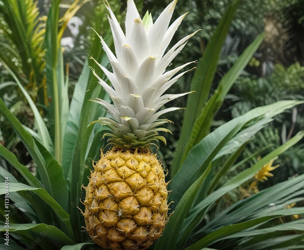 White and yellow ananas with green leaves in a botanical garden, fruit, outdoor White and yellow ananas with green leaves in a botanical garden, fruit, outdoor