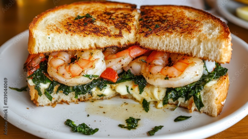 Delicious Grilled Shrimp Sandwich with Fresh Spinach and Toasted Bread Served on a White Plate in a Cozy Dining Setting Delicious Grilled Shrimp Sandwich with Fresh Spinach and Toasted Bread Served on a White Plate in a Cozy Dining Setting