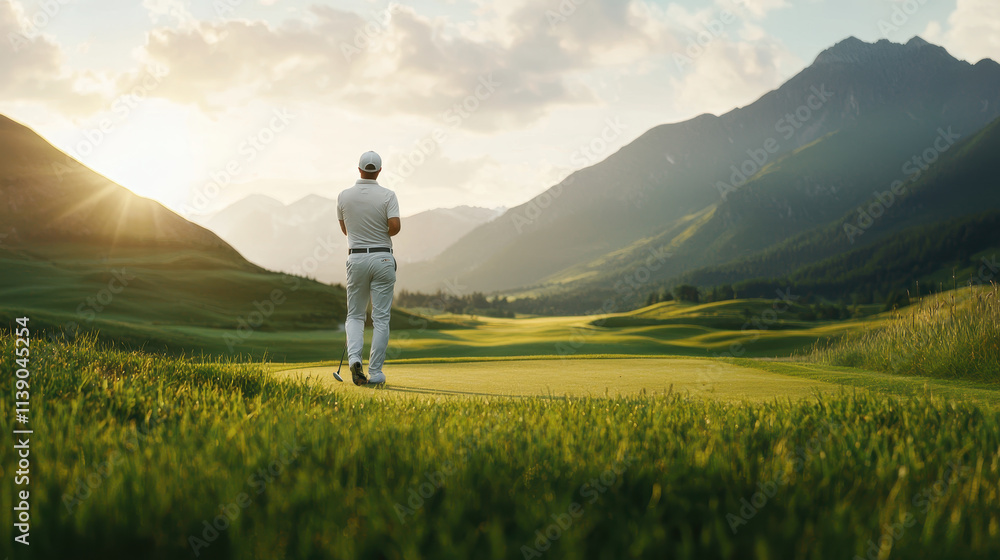 custom made wallpaper toronto digitalgolfer standing on green field, surrounded by mountains at sunset