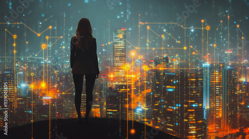 Wallpaper Mural Abstract businesswoman stands on the peak of success Smart digital city with connection cyber security network reciprocity over the cityscape future wireless digital city and social media networking Torontodigital.ca