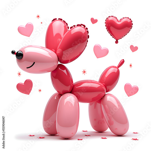 Playful pink balloon dog surrounded by love hearts for a fun valentine s celebration, 3d rendering of whimsical concept. photo