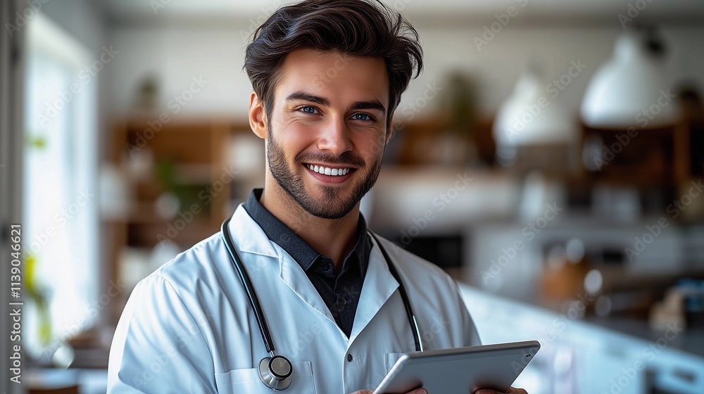 Smiling male doctor holds tablet while standing in a modern medical office during daylight Smiling male doctor holds tablet while standing in a modern medical office during daylight