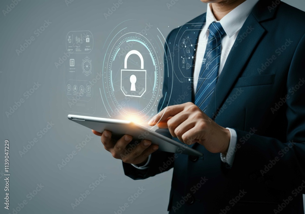 Businessman using tablet with digital security interface Businessman using tablet with digital security interface