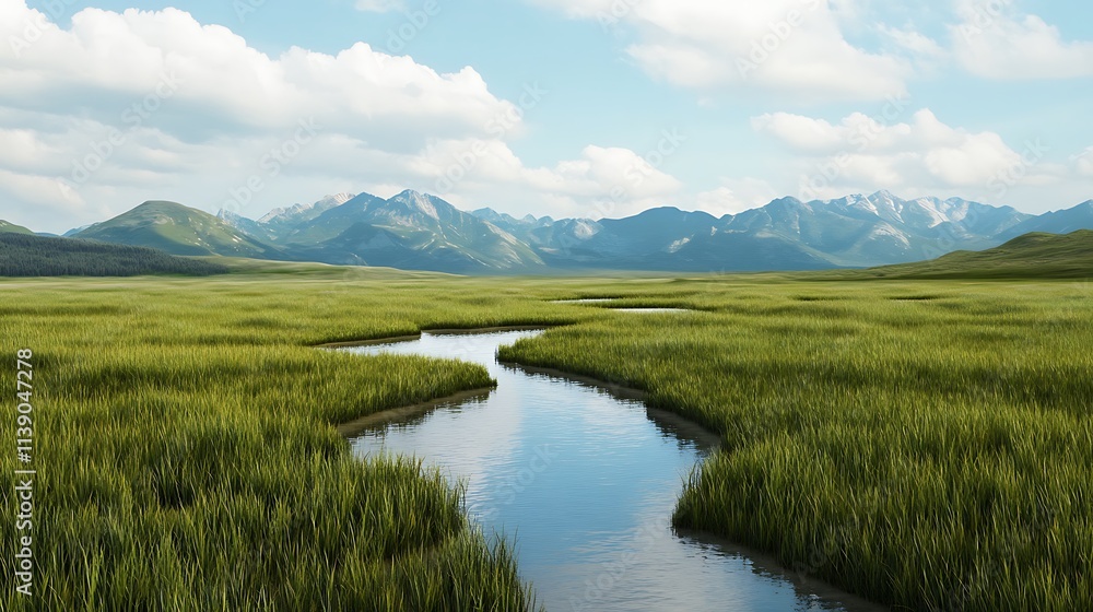 Serene Landscape of Lush Green Fields with a Meandering Stream and Majestic Mountains Under a Bright Blue Sky Serene Landscape of Lush Green Fields with a Meandering Stream and Majestic Mountains Under a Bright Blue Sky