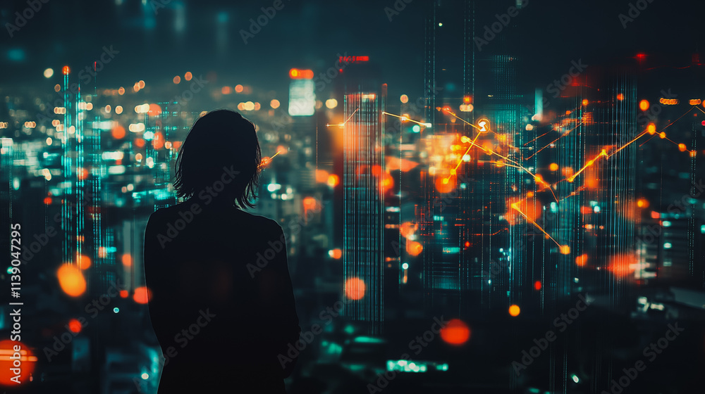 Abstract businesswoman stands on the peak of success Smart digital city with connection cyber security network reciprocity over the cityscape future wireless digital city and social media networking Abstract businesswoman stands on the peak of success Smart digital city with connection cyber security network reciprocity over the cityscape future wireless digital city and social media networking