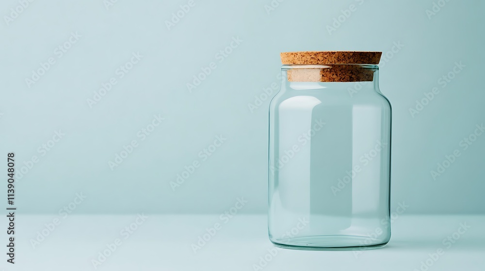 Clear Glass Cylinder Bottle with Cork Lid on Light Blue Background for Sustainable and Eco-Friendly Storage Solutions in Home or Kitchen Clear Glass Cylinder Bottle with Cork Lid on Light Blue Background for Sustainable and Eco-Friendly Storage Solutions in Home or Kitchen