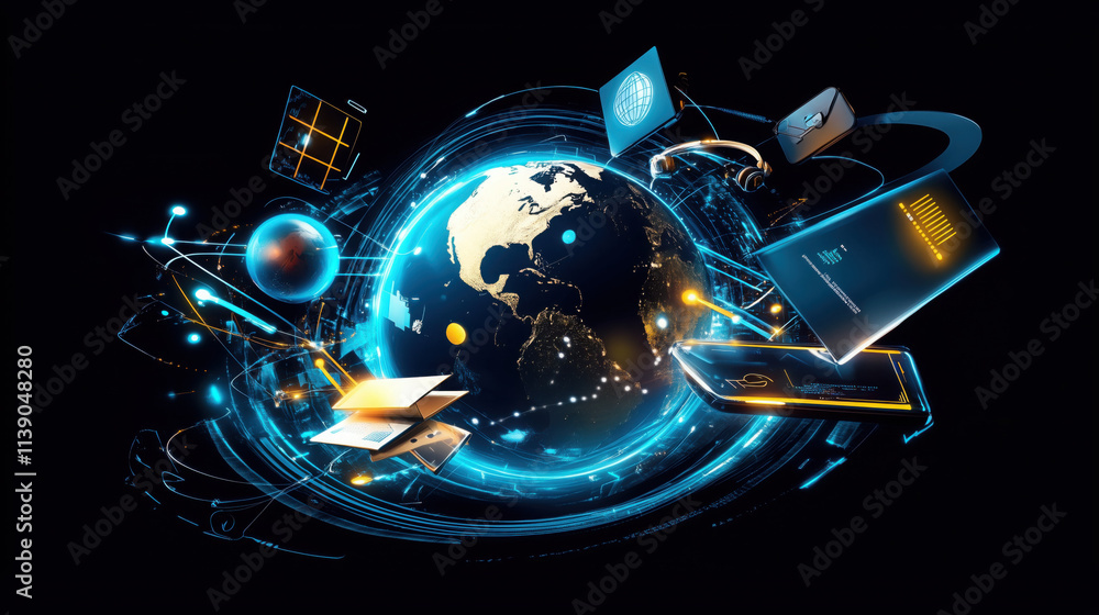 Fototapeta premium 3D Globe with Education Technology Icons: Global Digital Learning Revolution