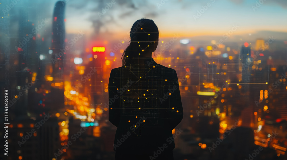 Abstract businesswoman stands on the peak of success Smart digital city with connection cyber security network reciprocity over the cityscape future wireless digital city and social media networking Abstract businesswoman stands on the peak of success Smart digital city with connection cyber security network reciprocity over the cityscape future wireless digital city and social media networking