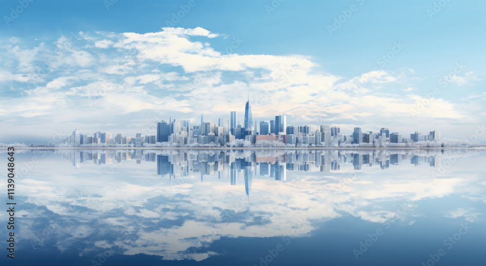Fototapeta premium Utopian Skyline: City Reflections on Water