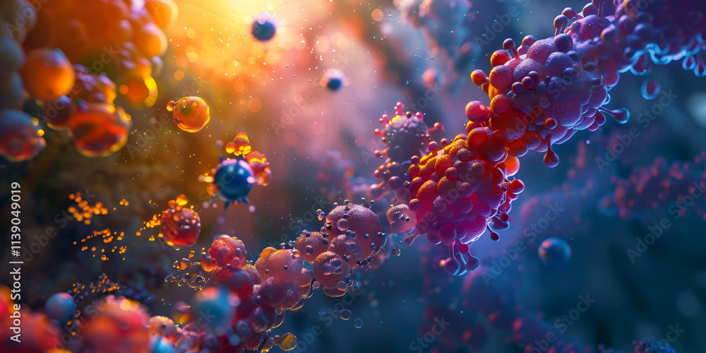 Abstract molecular structure with vibrant particles under glowing light, Scientific 3D illustration of molecules in bright and colorful visualization. Abstract molecular structure with vibrant particles under glowing light, Scientific 3D illustration of molecules in bright and colorful visualization.