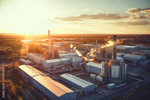 Golden Hour Over Industrial Power Plant photo