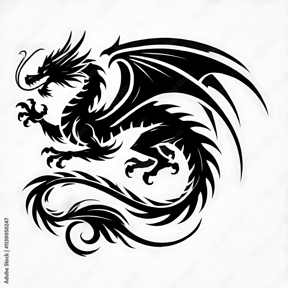dragon Vector Illustration, dragon tattoo vector, Dragon silhouette vector black and white dragon Vector Illustration, dragon tattoo vector, Dragon silhouette vector black and white
