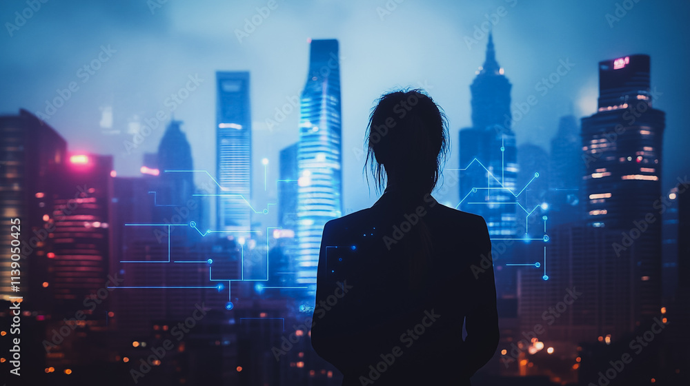 Abstract businesswoman stands on the peak of success Smart digital city with connection cyber security network reciprocity over the cityscape future wireless digital city and social media networking Abstract businesswoman stands on the peak of success Smart digital city with connection cyber security network reciprocity over the cityscape future wireless digital city and social media networking
