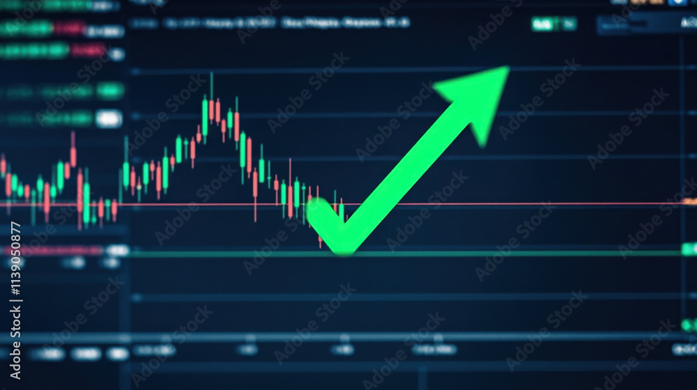 Naklejka premium stock market chart shows rising trend with green arrow indicating growth. background is dark, emphasizing upward movement in financial data
