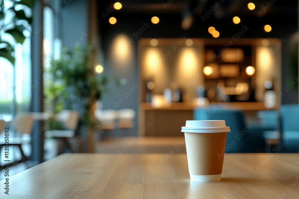 Blank white coffee paper cup mockup on wooden table ,blurry coffees working space background. Blank white coffee paper cup mockup on wooden table ,blurry coffees working space background.