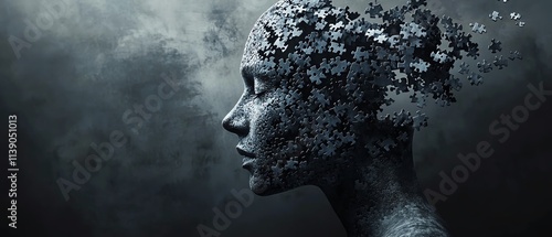 Human head breaking apart with puzzle pieces, showcasing a disintegrating mind due to Alzheimer s, dementia, or mental health issues Generative AI, dark and thoughtprovoking