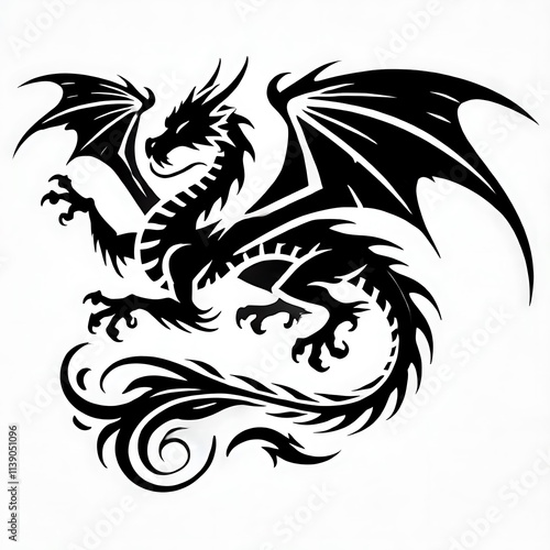 dragon Vector Illustration, dragon tattoo vector, Dragon silhouette vector black and white photo