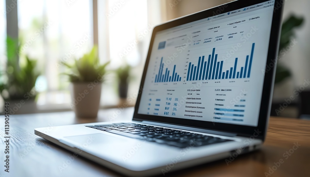 Illustration of a laptop showing market trends, growth data, and business statistics, with a focus on marketing and trade values White background, modern and clear Illustration of a laptop showing market trends, growth data, and business statistics, with a focus on marketing and trade values White background, modern and clear