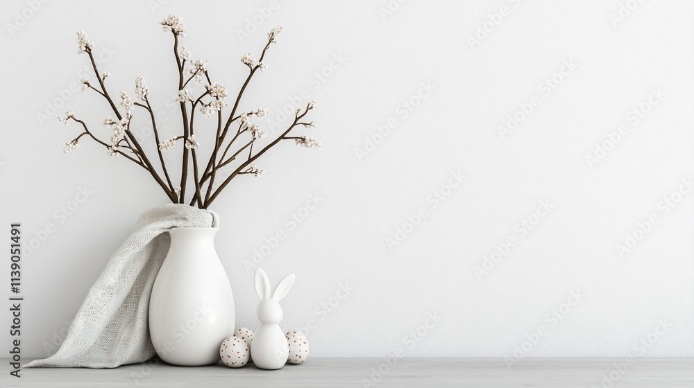 Minimalist Easter decor white vase, bunny, eggs, branches. Minimalist Easter decor white vase, bunny, eggs, branches.
