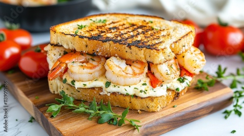 Wallpaper Mural Grilled Shrimp Sandwich on Toasted Bread with Fresh Herbs and Sliced Tomatoes, Perfect for a Delicious Seafood Meal or Quick Lunch Idea Torontodigital.ca