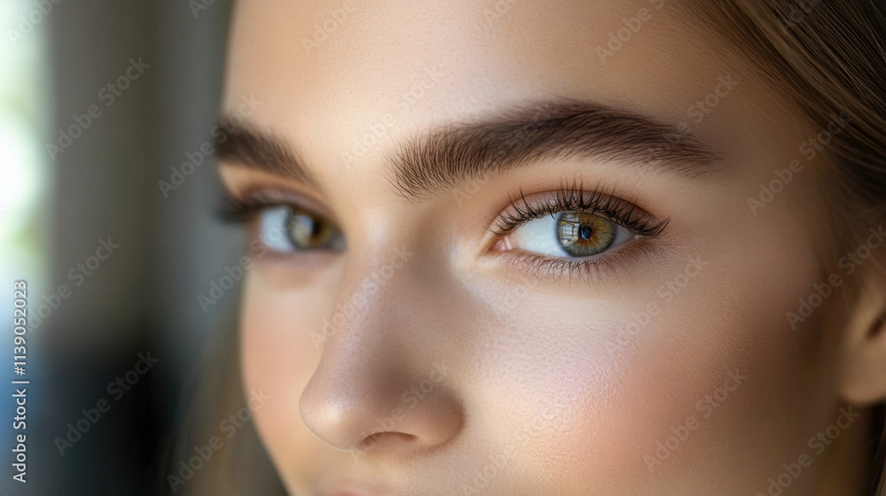 close up portrait of young woman with striking green eyes and well defined eyebrows, showcasing her natural beauty and smooth skin. soft lighting enhances her features beautifully close up portrait of young woman with striking green eyes and well defined eyebrows, showcasing her natural beauty and smooth skin. soft lighting enhances her features beautifully