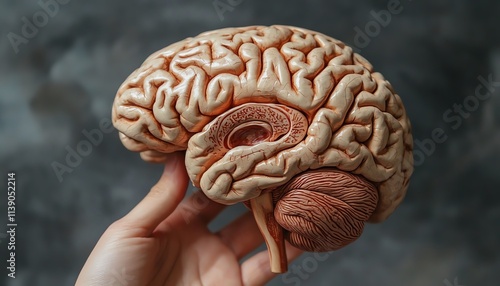 Psychologist s hand holding a detailed anatomical model of the human brain, symbolizing brain research and mental health care Generative AI, clean and professional photo