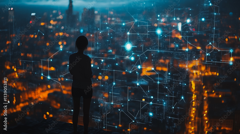 Abstract businesswoman stands on the peak of success Smart digital city with connection cyber security network reciprocity over the cityscape future wireless digital city and social media networking Abstract businesswoman stands on the peak of success Smart digital city with connection cyber security network reciprocity over the cityscape future wireless digital city and social media networking