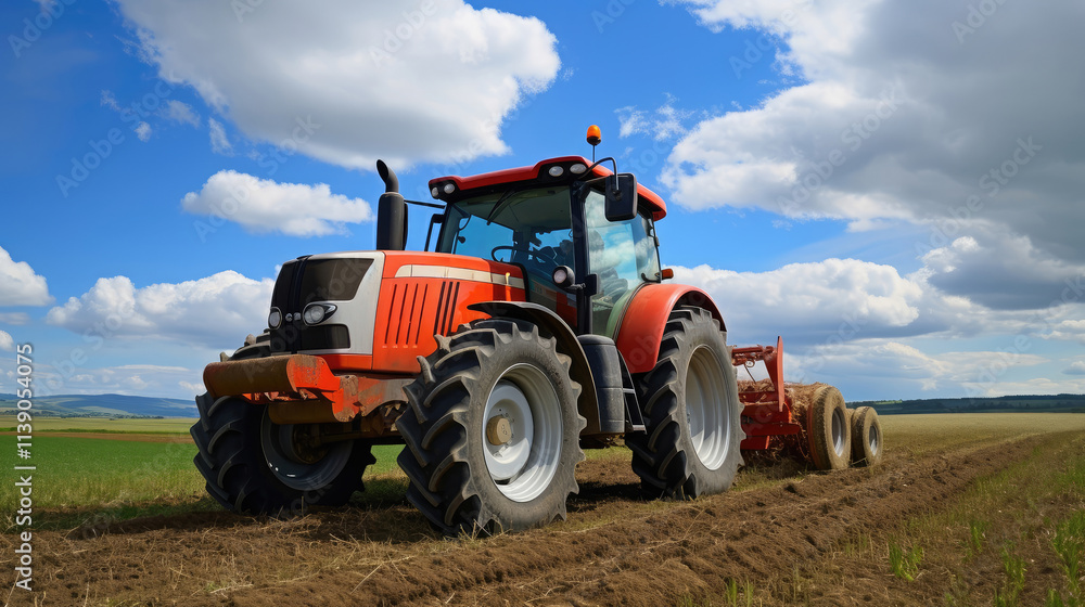Modern Tractor in Action on Sustainable Farm Modern Tractor in Action on Sustainable Farm